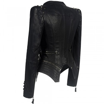 Smooth Motorcycle Faux Leather Jackets Ladies Long Sleeve Autumn Winter Biker Streetwear Black